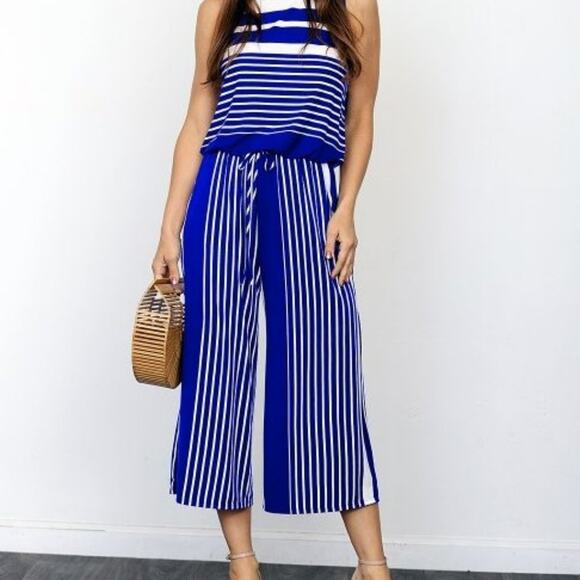 ROYAL Blue Multi Stripe Sleeveless Cropped Jumpsuit - Picture 1 of 1